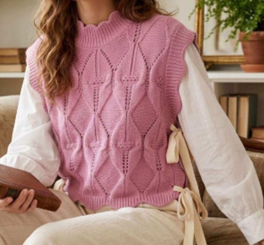 MABLE Adina Pink Open Work Side Tie Sweater Knit Vest sz S